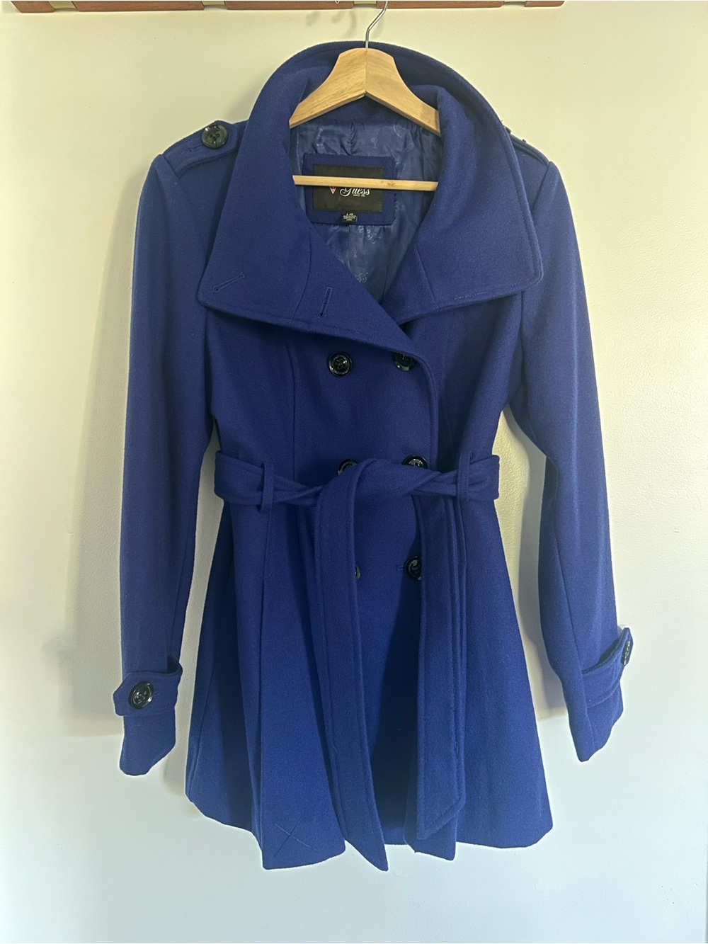 Guess Royal Blue Double Breasted Wool Blend Pea Coat
